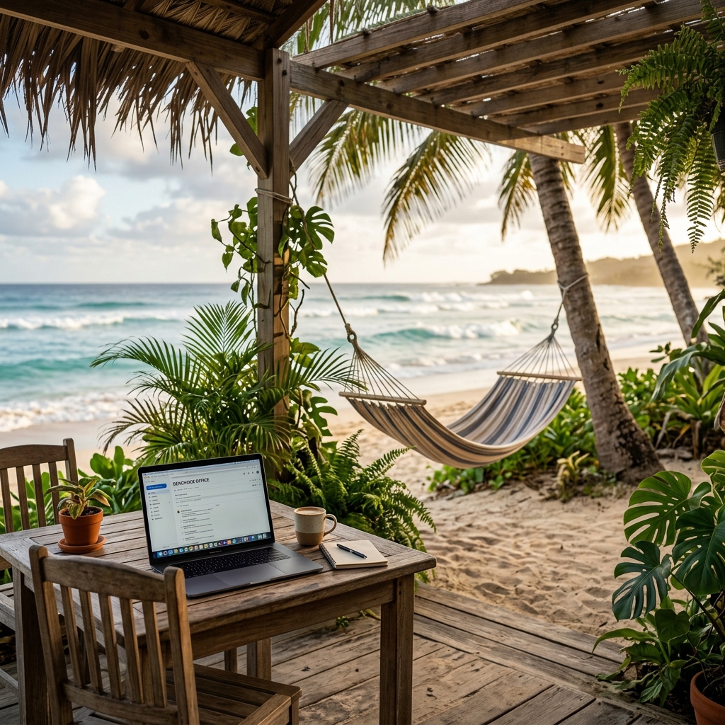 A serene beachfront cafe with rustic wooden furniture, open laptop on table, tropical plants, hammock in background, soft bokeh ocean waves, golden afternoon light, peaceful remote work destination, professional travel photography, no people