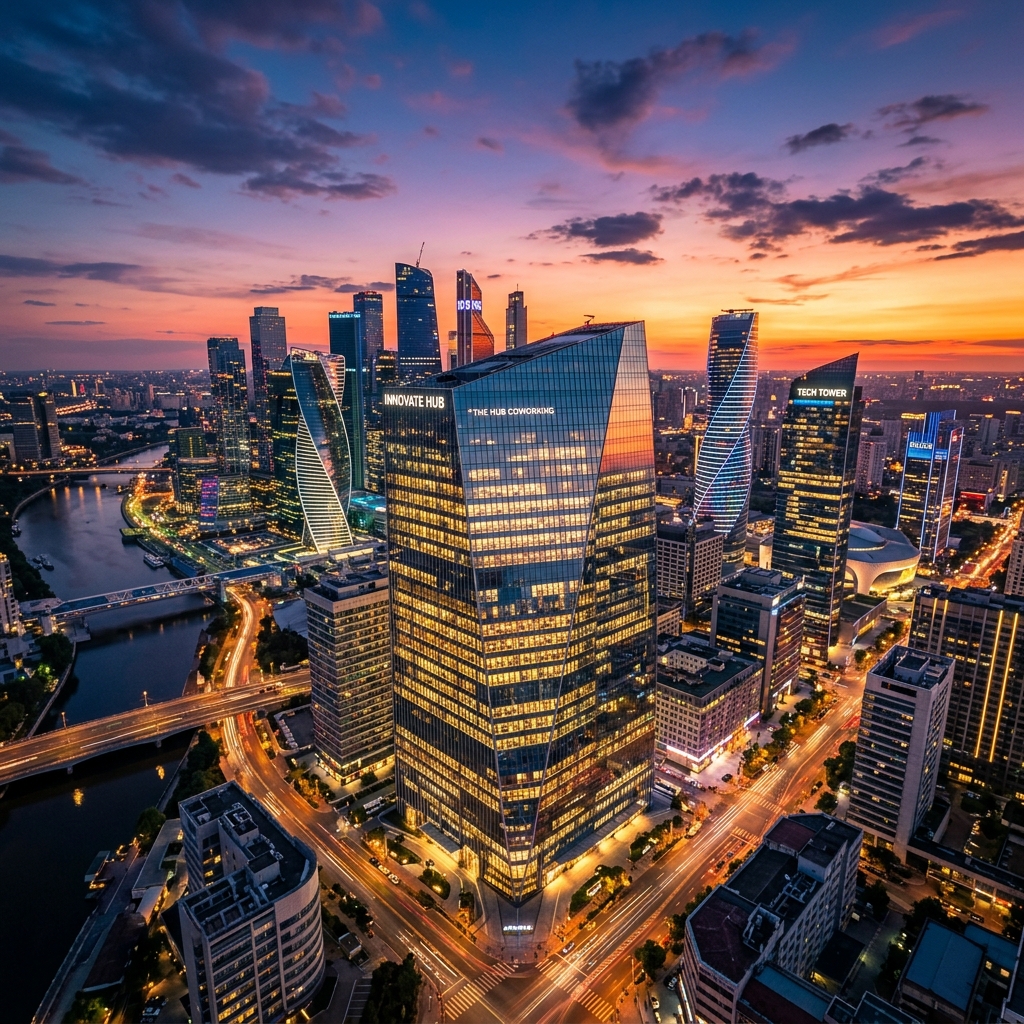 A vibrant modern city skyline at sunset with coworking office building lit up, glass facades reflecting orange and purple sky, drone aerial shot, urban technology hub, futuristic architecture, no people, cinematic wide angle photography