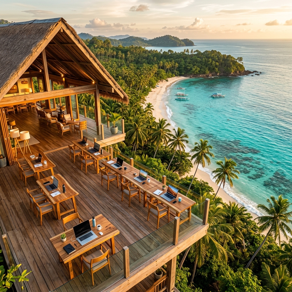 A stunning aerial view of a tropical coworking space with modern wooden desks overlooking turquoise ocean water, palm trees swaying in the breeze, laptops open on desks, golden hour lighting, professional photography, ultra high quality, cinematic composition