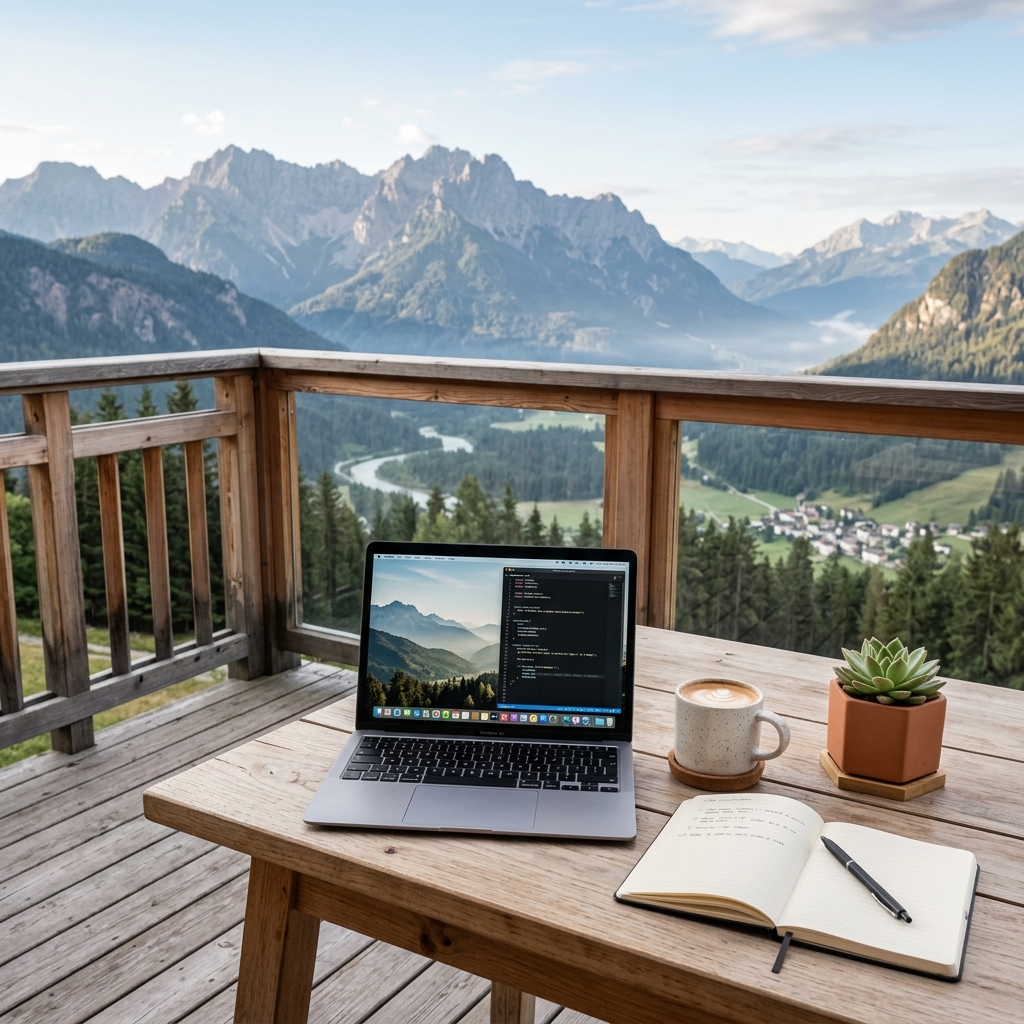 A minimalist modern workspace setup on a wooden balcony with mountain landscape in the background, a sleek laptop, coffee cup, notebook, and potted succulent plant, morning light, crisp clean aesthetic, professional product photography style, no people